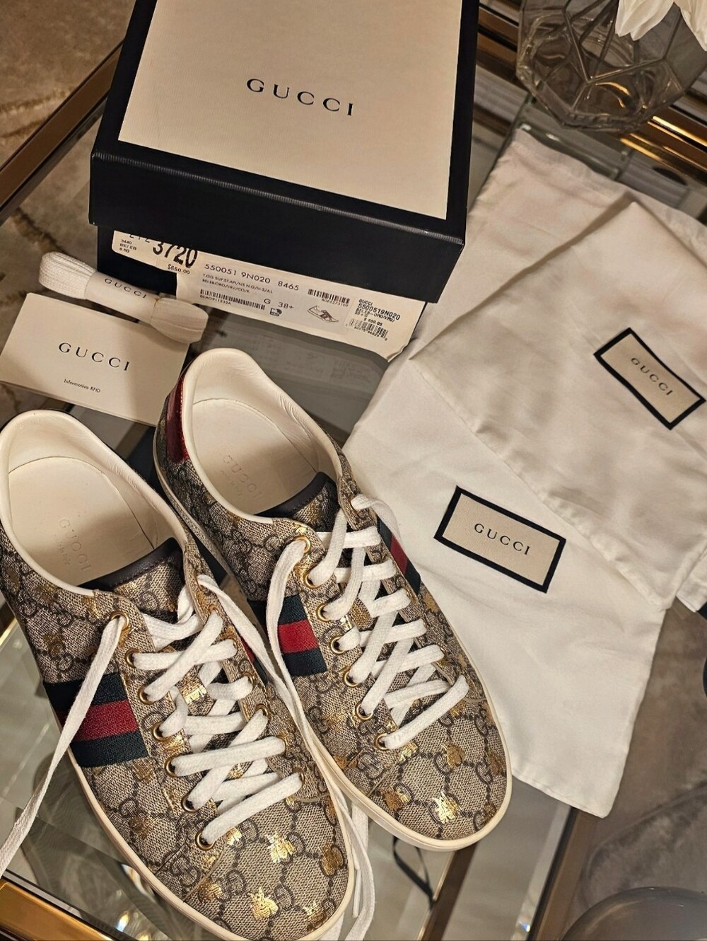 Gucci Women’s Beige GG Supreme Sneakers with Red & Green Stripe